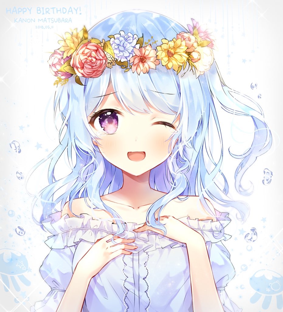 1girl ;d bang_dream! bangs blue_hair character_name collarbone dated eyebrows_visible_through_hair flower frilled_shirt_collar frilled_sleeves frills hands_on_own_chest happy_birthday head_wreath jellyfish light_blue_hair long_hair looking_at_viewer matsubara_kanon off-shoulder_shirt one_eye_closed one_side_up open_mouth rose shirt smile solo sparkle star taya_5323203 tearing_up tears upper_body violet_eyes water_drop white_shirt