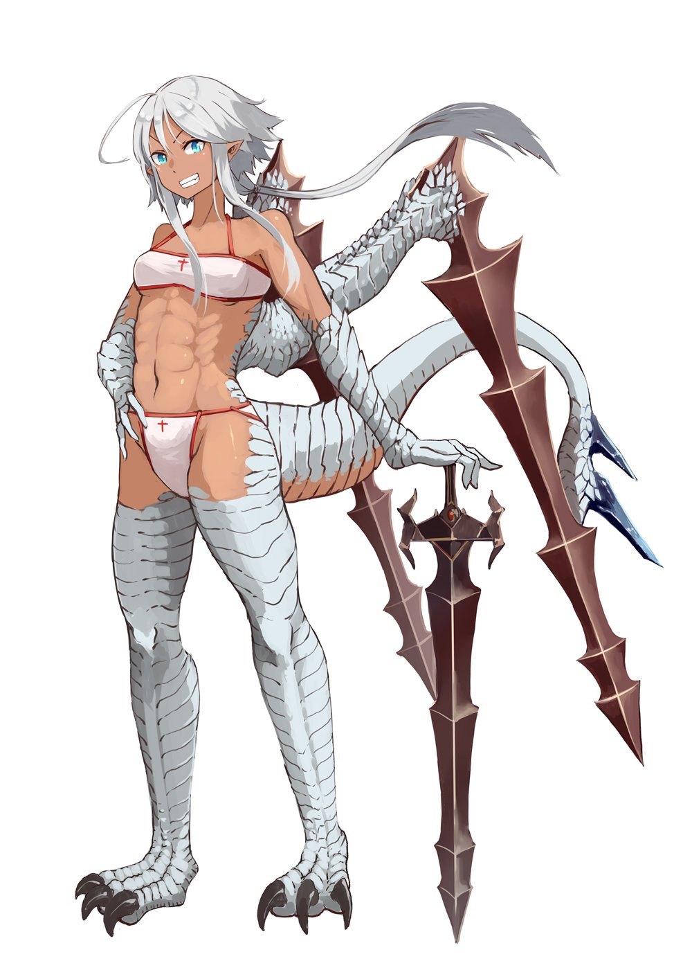 1girl bangs bare_shoulders beltbra blue_eyes bra breasts claws commentary_request dragon_girl dragon_tail floating_hair full_body grey_hair grin highres hitokuirou long_hair looking_at_viewer original panties pointy_ears simple_background small_breasts smile solo standing tail underwear white_background white_bra white_panties wings