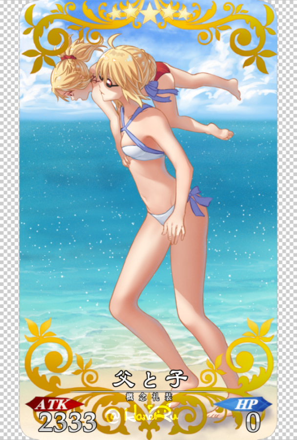 2girls ahoge artoria_pendragon_(all) barefoot beach bikini blonde_hair breasts card_(medium) card_parody carrying_over_shoulder child clouds cloudy_sky day fate/grand_order fate_(series) full_body hair_ribbon haneru lifting lifting_person mordred_(fate)_(all) mordred_(swimsuit_rider)_(fate) mother_and_daughter multiple_girls ocean open_mouth parody red_bikini ribbon saber sand sky small_breasts star sunglasses swimsuit twitter_username white_bikini younger