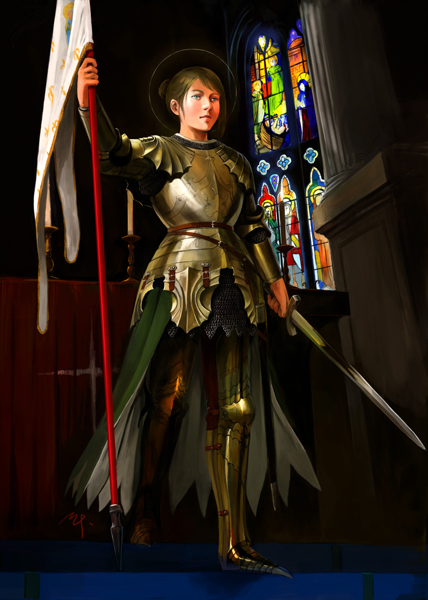 1girl banner belt blonde_hair blue_eyes candle candlestand church commentary_request copyright_request cross faulds flag hair_bun halo highres holding holding_sword holding_weapon ippei_soeda jeanne_d'arc knight official_art pillar plate_armor sheath solo stained_glass standard_bearer standing sword weapon