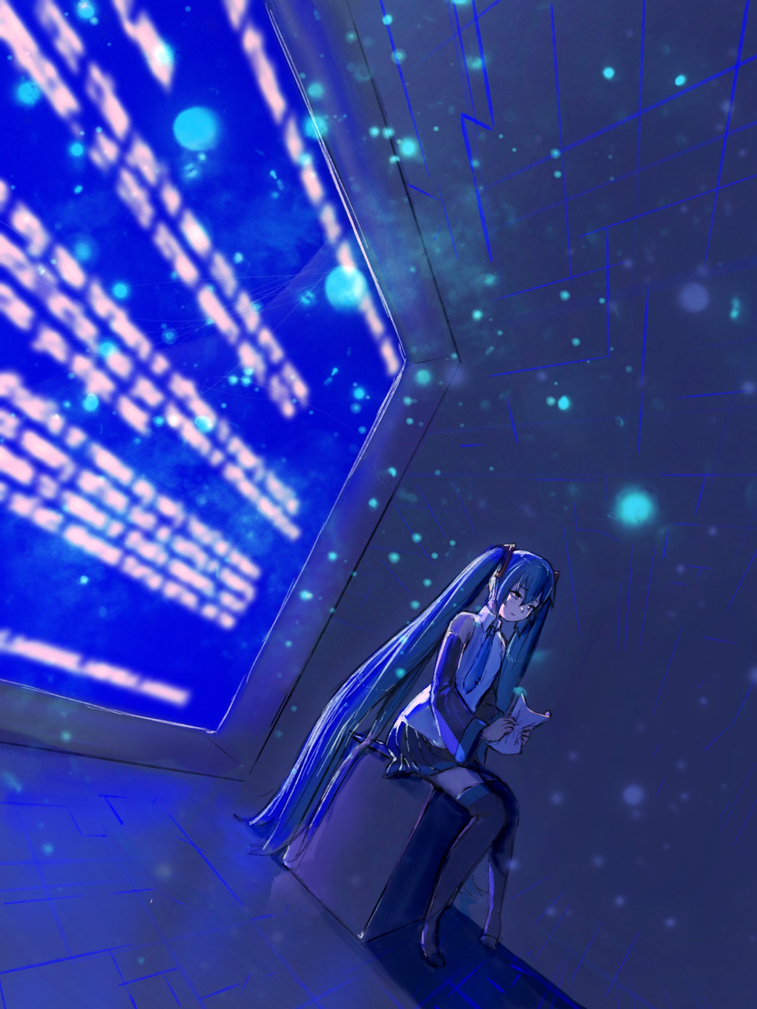 1girl aqua_neckwear bare_shoulders black_legwear black_skirt black_sleeves blue_eyes blue_hair blue_screen_of_death blue_theme blurry bokeh boots cillia commentary depth_of_field detached_sleeves furrowed_eyebrows hair_ornament hatsune_miku highres holding holding_paper long_hair necktie paper sad shirt sidelighting sitting skirt sleeveless sleeveless_shirt solo symbol_commentary thigh-highs thigh_boots twintails very_long_hair virtual_reality vocaloid white_shirt wide_shot zettai_ryouiki