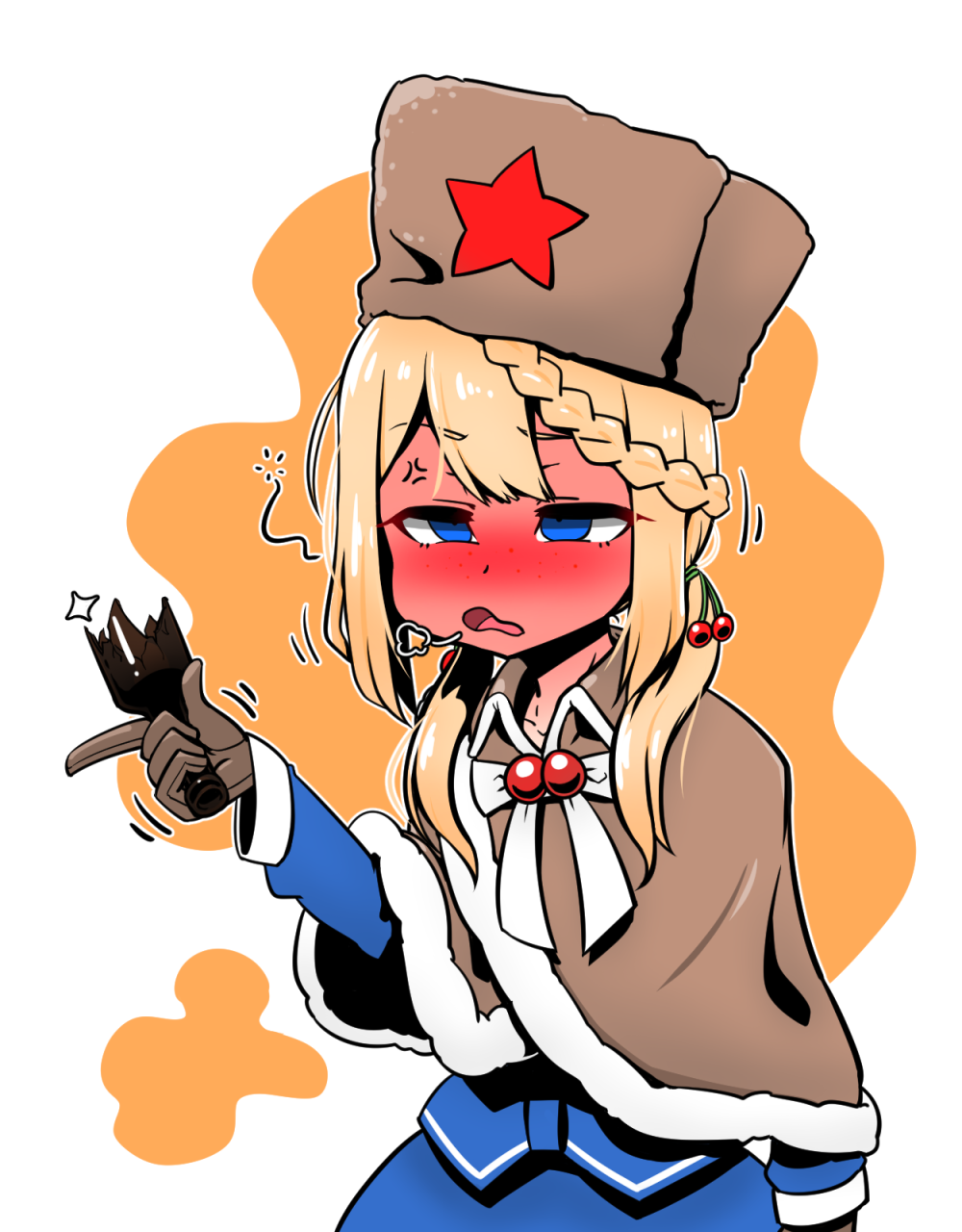1girl blonde_hair blue_eyes blush broken_bottle capelet drowsy drunk full-face_blush fur_hat girls_frontline gloves hair_ornament hat highres holding low_twintails open_mouth ppsh-41_(girls_frontline) red_star simple_background solo twintails ushanka voodoowood