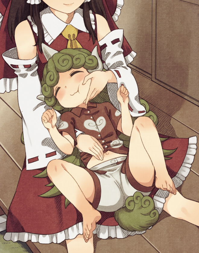 2girls ascot barefoot blush brown_hair closed_eyes closed_mouth cloud_print commentary_request curly_hair detached_sleeves green_hair hakurei_reimu hand_on_another's_cheek hand_on_another's_face head_out_of_frame horn kariyushi_shirt komano_aun lying lying_on_another midriff multiple_girls navel on_back red_shirt shirt shorts smile tail touhou urin white_shorts yellow_neckwear