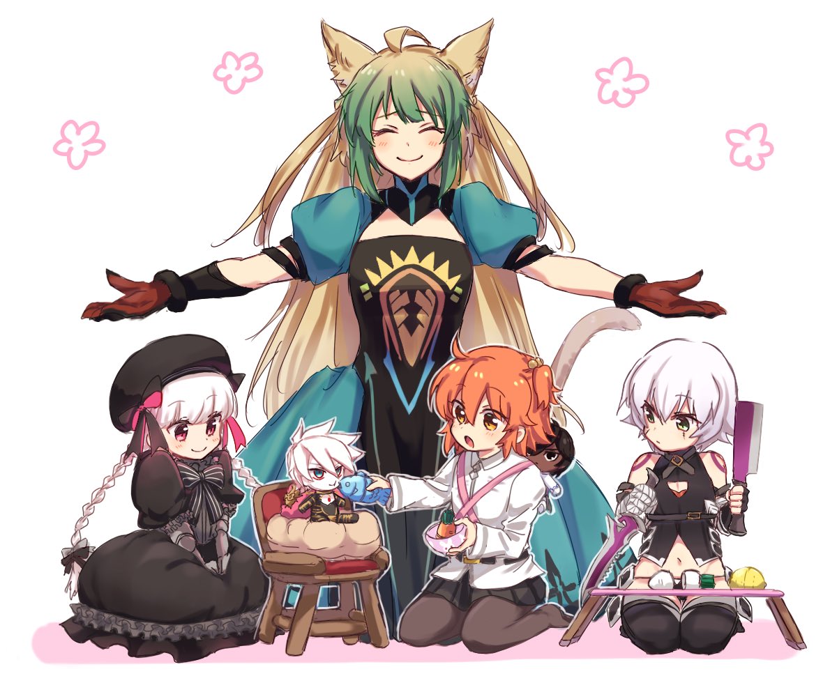 ^_^ animal_ears atalanta_(fate) bandage bandaged_arm blonde_hair braid cat_ears cat_tail character_request child closed_eyes commentary_request dagger fate/grand_order fate_(series) fujimaru_ritsuka_(female) green_eyes green_hair hair_bobbles hair_ornament hat jack_the_ripper_(fate/apocrypha) knife long_hair multicolored_hair navel nm222 nursery_rhyme_(fate/extra) orange_hair outstretched_arms pink_eyes puffy_short_sleeves puffy_sleeves short_hair short_sleeves simple_background smile spread_arms table tail twin_braids two-tone_hair weapon white_background white_hair younger