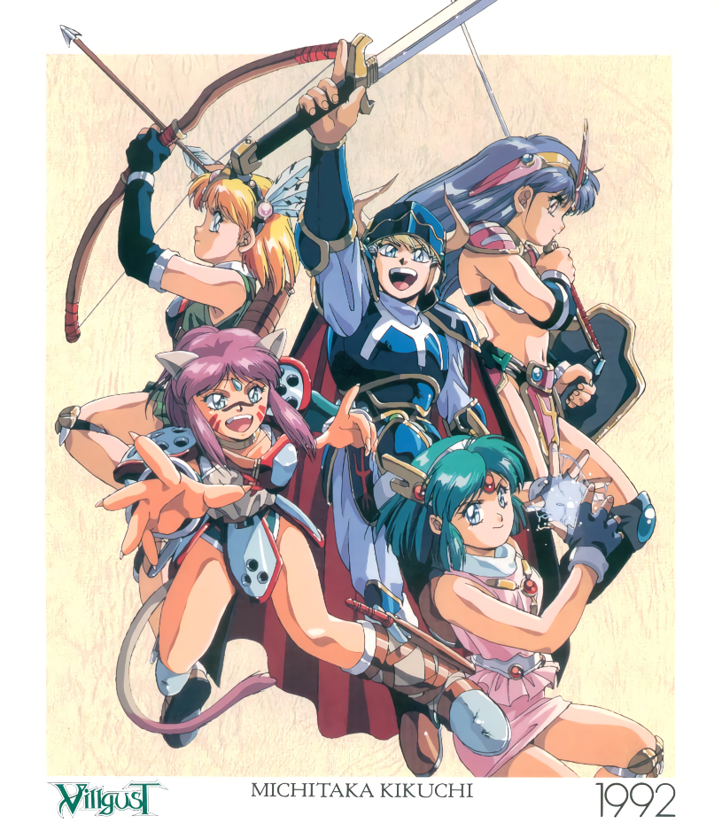 1992 1girl 4girls 90s animal_ears arm_up armor arrow artist_name bikini_armor blonde_hair blue_eyes boots bow_(weapon) cape cat_ears cat_tail chris_(villgust) copyright_name dated elbow_gloves facial_mark fanna_(villgust) fingerless_gloves gloves green_hair hairband helmet holding holding_bow_(weapon) holding_shield holding_sword holding_weapon index_finger_raised kikuchi_michitaka kouryuu_densetsu_villgust kui_(villgust) long_hair looking_at_viewer magic multiple_girls navel official_art open_mouth outstretched_arm pauldrons pencil_skirt quiver remi_(villgust) ryuquir_(villgust) shield short_hair skirt sleeveless smile sword tail upper_teeth weapon