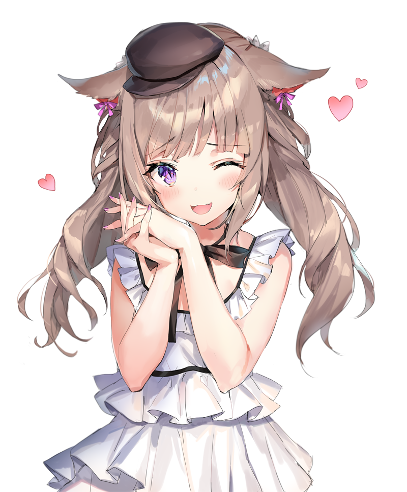 1girl :d animal_ears bangs blunt_bangs brown_hair cat_ears cat_tail choker dress fingernails flat_cap hat heart momoko_(momopoco) nail_polish one_eye_closed open_mouth original simple_background sleeveless smile standing tail twintails violet_eyes white_background