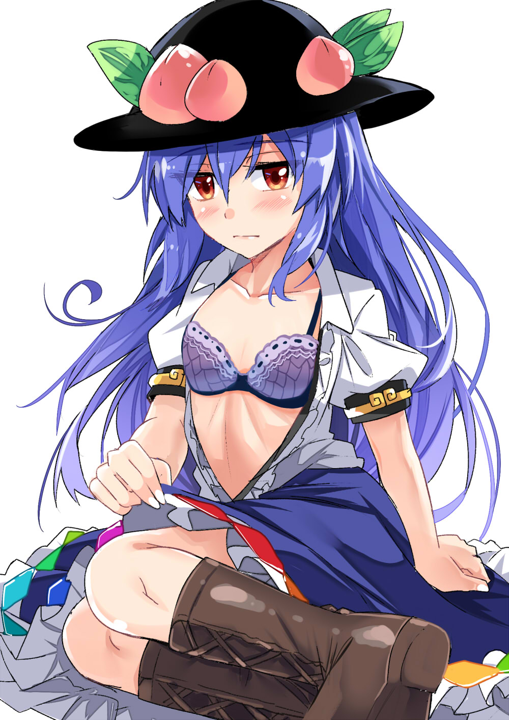 1girl black_hat blue_hair blue_skirt blush boots bra breasts brown_footwear collarbone commentary_request e.o. eyebrows_visible_through_hair feet_out_of_frame food fruit hair_between_eyes hat highres hinanawi_tenshi leaf lifted_by_self long_hair looking_at_viewer nail_polish open_clothes open_shirt peach petticoat puffy_short_sleeves puffy_sleeves purple_bra red_eyes shirt short_sleeves simple_background sitting skirt skirt_lift small_breasts solo touhou underwear very_long_hair white_background white_nails white_shirt wing_collar