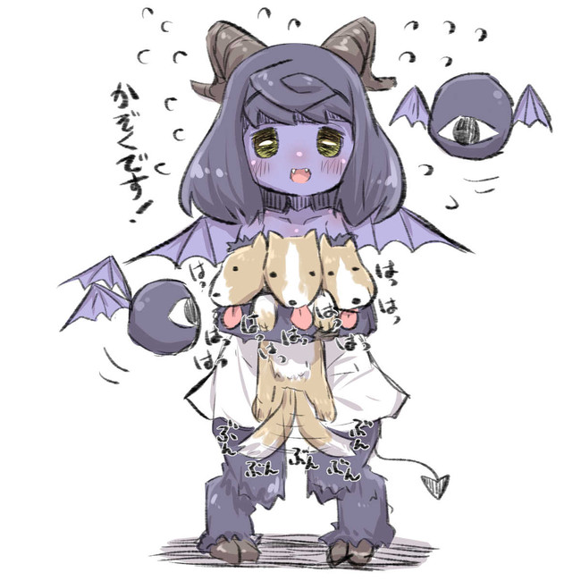 1girl :d afterimage animal animal_hug bare_shoulders blush cerberus collarbone commentary_request curled_horns demon_girl demon_horns demon_tail demon_wings dog dress eyeball fangs flying_sweatdrops fur green_eyes hooves horns looking_at_viewer monster multiple_heads open_mouth original purple_skin purple_wings smile solo standing strapless strapless_dress tail tail_wagging tongue tongue_out translated u-non_(annon'an) white_background white_dress wings