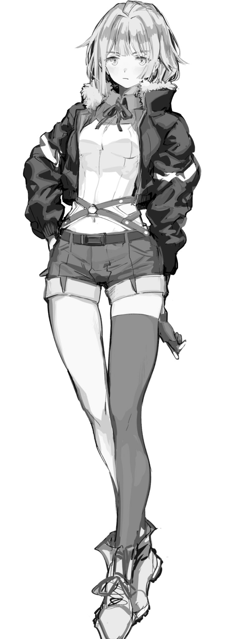 1girl belt breasts denim denim_shorts eyebrows_visible_through_hair fur_collar greyscale hands_on_hips highres midriff monochrome navel original osu5i short_hair shorts single_thighhigh small_breasts solo thigh-highs white_background