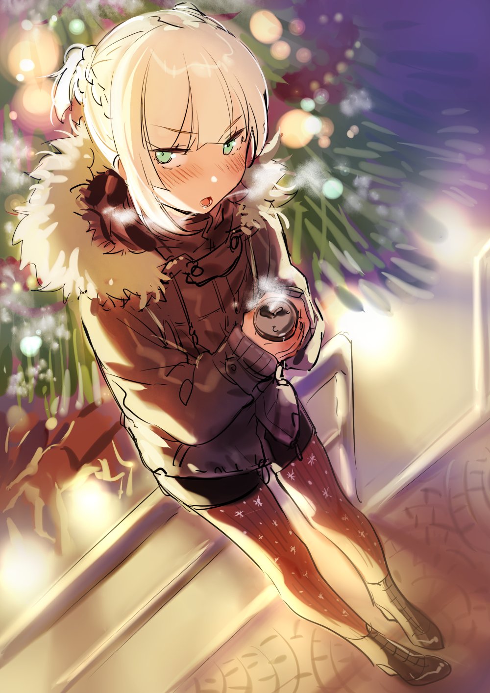 1girl :o alternate_costume blonde_hair blush braid can canned_coffee dutch_angle eyebrows_visible_through_hair french_braid fur-trimmed_collar girls_frontline green_eyes highres jacket legwear_under_shorts looking_at_viewer pantyhose shorts solo steam ushi_(newrein) v-shaped_eyebrows welrod_mk2_(girls_frontline) winter winter_clothes