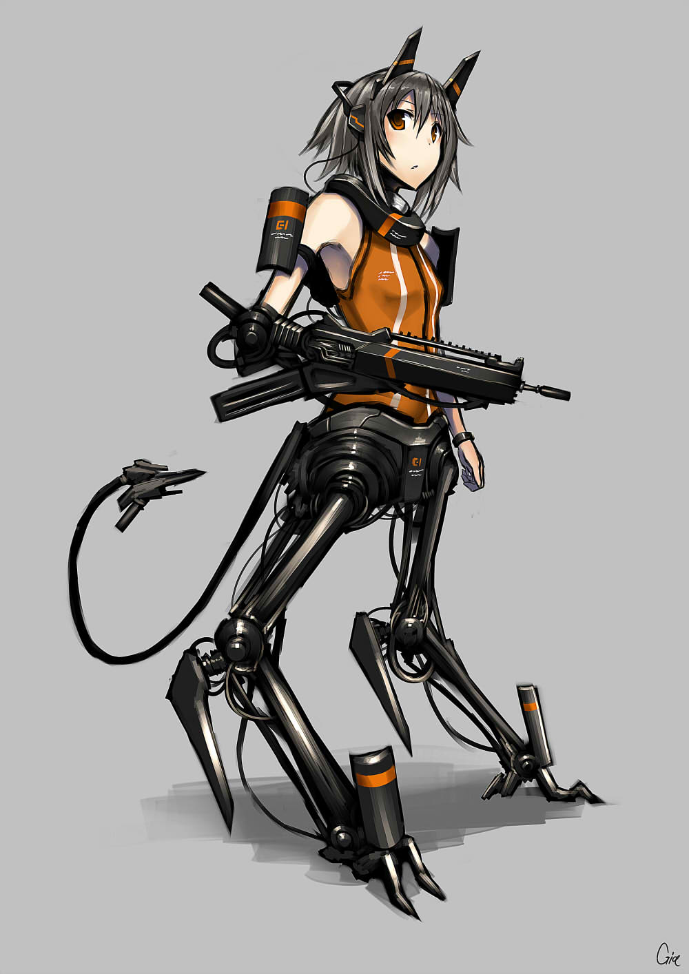 1girl amputee brown_eyes cyborg from_side gia grey_background grey_hair gun headgear headphones highres looking looking_at_viewer mechanical_legs orange_shirt original prosthesis shirt short_hair simple_background sleeveless solo standing tail weapon