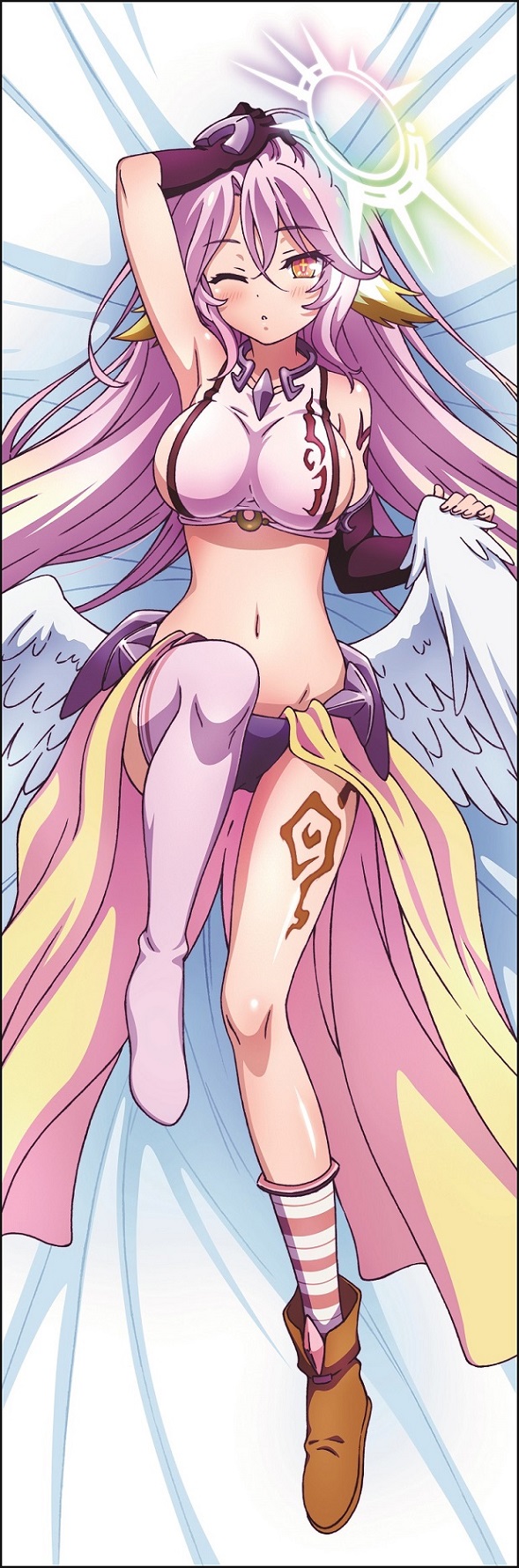 1girl angel_wings arm_up armpits bed_sheet blush breasts crop_top cross dakimakura feathered_wings full_body gloves halo highres jibril_(no_game_no_life) large_breasts long_hair low_wings lying magic_circle midriff mismatched_legwear multicolored multicolored_eyes navel no_game_no_life official_art on_back one_eye_closed pink_hair shoes sideboob single_shoe solo symbol-shaped_pupils tattoo very_long_hair violet_eyes white_wings wing_ears wings yellow_eyes