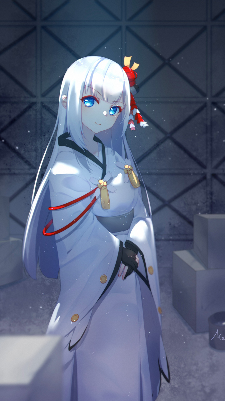 &gt;:) 1girl azur_lane bangs black_gloves blue_eyes blurry blurry_foreground blush box cardboard_box closed_mouth commentary_request depth_of_field eyebrows_visible_through_hair gloves hair_ornament head_tilt highres japanese_clothes kimono long_hair long_sleeves mo_(pixiv9929995) partly_fingerless_gloves shoukaku_(azur_lane) sidelocks signature silver_hair smile solo v-shaped_eyebrows very_long_hair white_kimono wide_sleeves