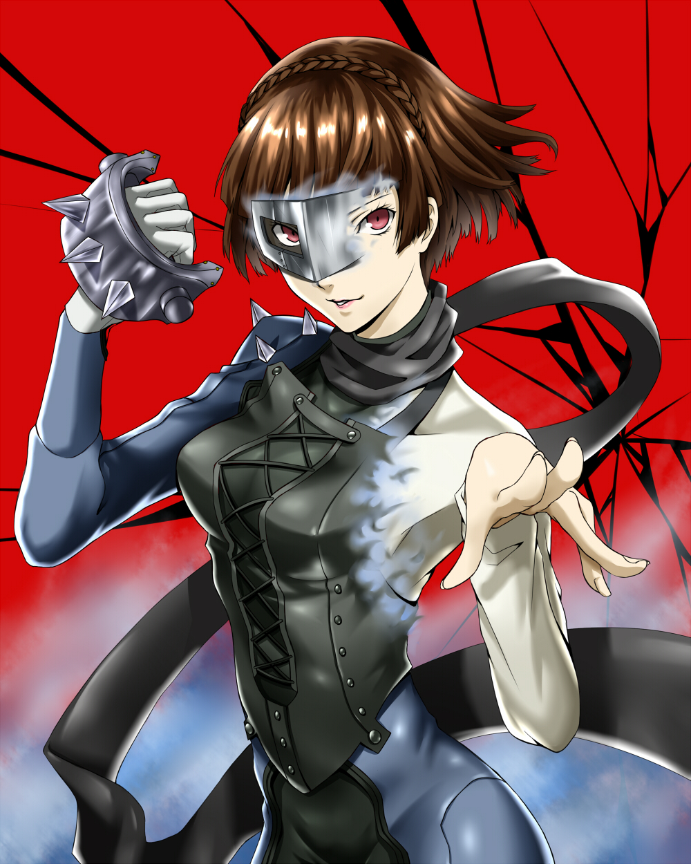1girl black_scarf bodysuit brown_hair floating_hair gloves highres holding holding_weapon kamui_sathi looking_at_viewer mask niijima_makoto persona persona_5 red_background red_eyes scarf shirt short_hair solo transforming_clothes weapon white_gloves white_shirt