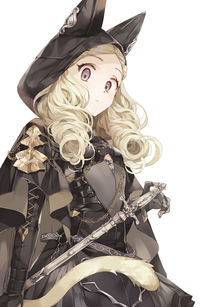 1girl animal_hood armor armored_dress belt black_dress black_gloves blonde_hair breasts cape cat_hood cat_tail chains dress drill_hair elbow_gloves gloves grey_eyes hood inzup looking_at_viewer medium_breasts no_bangs original simple_background solo sword tail weapon white_background