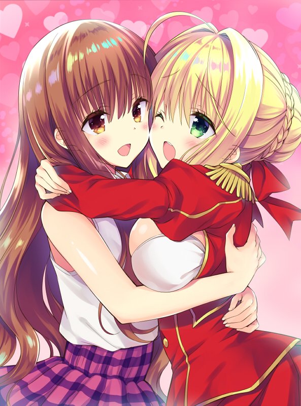 2girls ahoge blonde_hair blush bow braid breast_press breasts brown_eyes brown_hair dress epaulettes fate/extra fate_(series) green_eyes hair_intakes heart heart_background hug kishinami_hakuno_(female) long_hair multiple_girls nero_claudius_(fate) nero_claudius_(fate)_(all) one_eye_closed open_mouth plaid plaid_skirt pleated_skirt red_bow red_dress saber_extra sasorigatame skirt smile symmetrical_docking