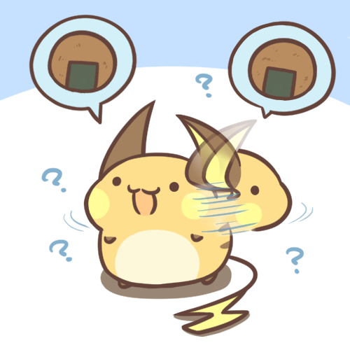 :3 ? cafe_(chuu_no_ouchi) chibi food gen_1_pokemon lowres no_humans open_mouth pokemon pokemon_(creature) raichu solo speech_bubble spoken_food spoken_object