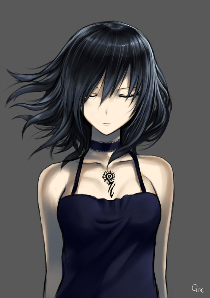 1girl black_hair breasts camisole choker closed_eyes closed_mouth facing_viewer floating_hair gia grey_background halterneck medium_breasts original purple_choker signature simple_background solo tattoo upper_body