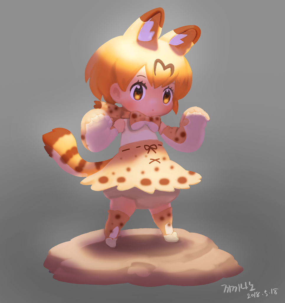 1girl animal_ears blush bow bowtie closed_mouth commentary_request elbow_gloves gloves grey_background hands_up high-waist_skirt kemono_friends legs_apart looking_at_viewer orange_eyes orange_hair orange_legwear orange_skirt paw_pose roonhee serval_(kemono_friends) serval_ears serval_print serval_tail short_hair simple_background skirt solo standing striped_tail tail thigh-highs