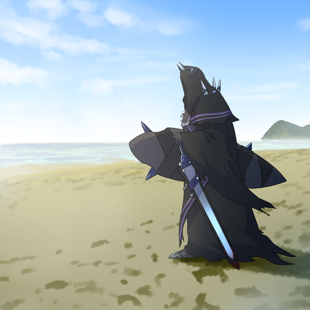 1boy beach black_cloak blue_sky cloak day fate/grand_order fate_(series) from_side holding holding_sword holding_weapon hood hooded_cloak horns king_hassan_(fate/grand_order) male_focus ocean outdoors sand sky solo spikes surfboard sword tomoyohi weapon
