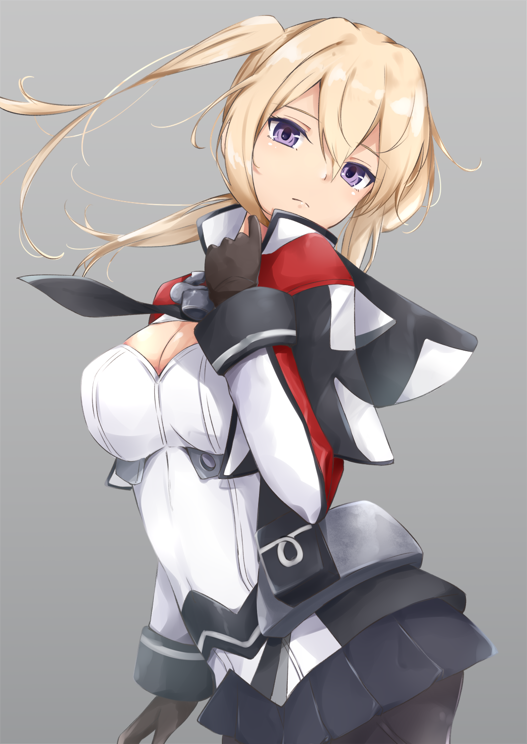 1girl arm_at_side bangs black_gloves black_legwear blonde_hair blush breasts capelet cleavage closed_mouth commentary_request cross floating_hair gloves graf_zeppelin_(kantai_collection) grey_background hair_between_eyes hand_up head_tilt highres hoshimiya_mashiro impossible_clothes jacket kantai_collection large_breasts long_hair looking_at_viewer military military_uniform miniskirt necktie pantyhose pleated_skirt sidelocks simple_background skirt smile solo tsurime twintails uniform violet_eyes wind wind_lift