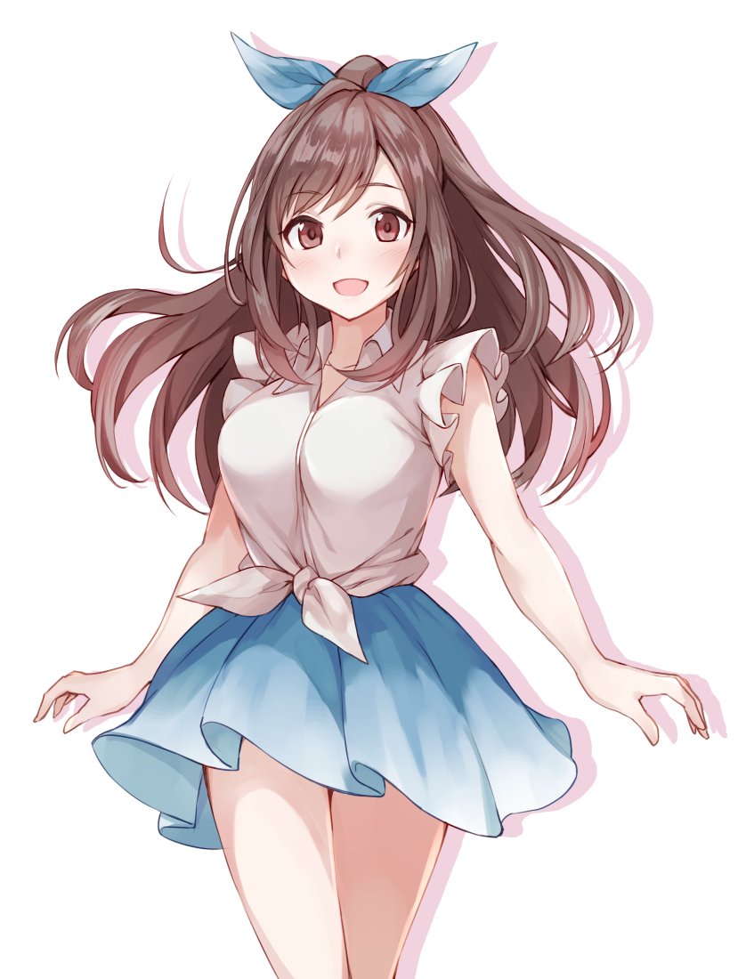 1girl :d blue_bow blue_skirt blush bow breasts brown_eyes brown_hair commentary_request cowboy_shot drop_shadow floating_hair fumikiri grey_shirt hair_bow idolmaster idolmaster_shiny_colors large_breasts looking_at_viewer open_mouth ponytail shirt simple_background skirt smile solo standing tied_shirt tsukioka_kogane white_background