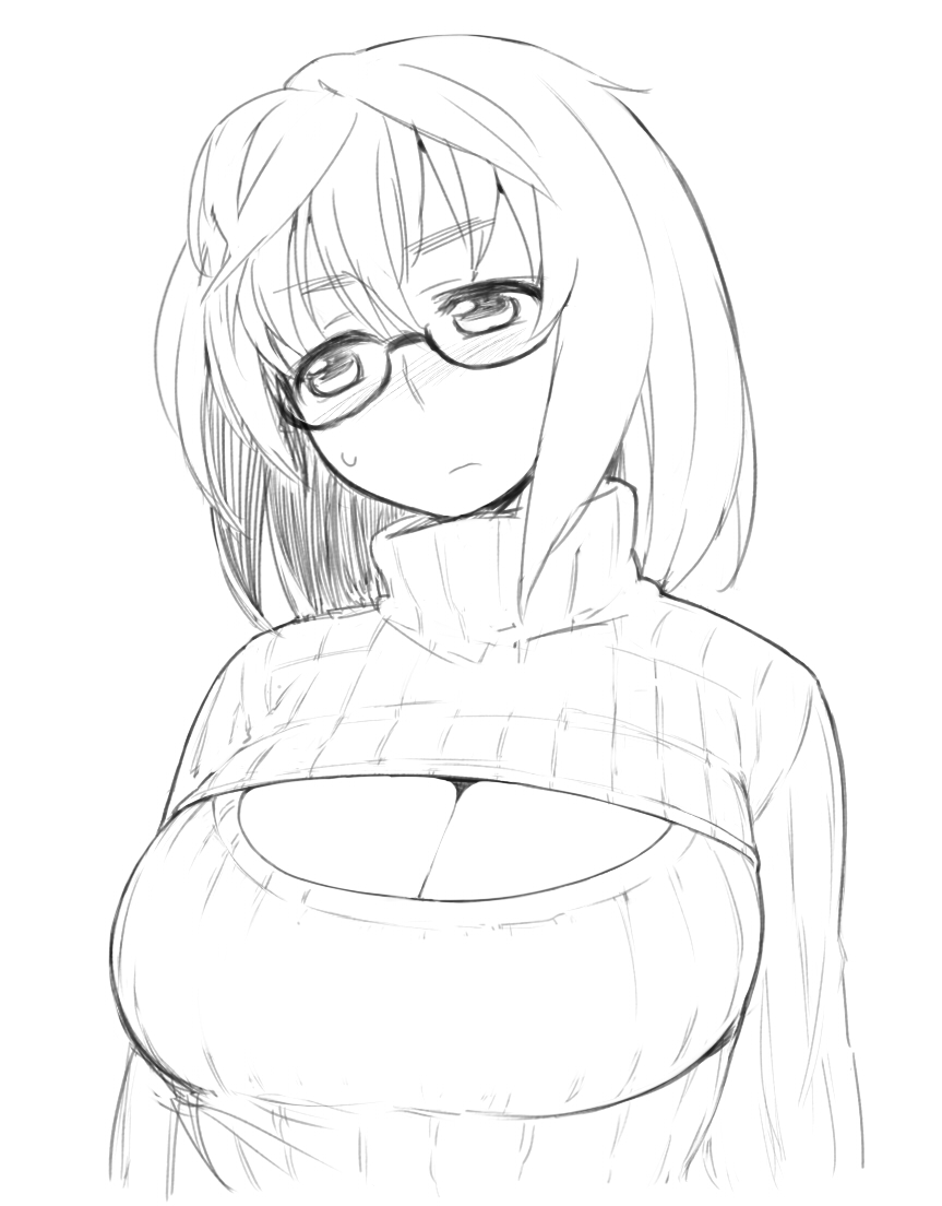 1girl breasts cleavage glasses greyscale large_breasts looking_away medium_hair meme_attire monochrome moru_(monaka) open-chest_sweater original ribbed_sweater simple_background solo sweatdrop sweater thick_eyebrows turtleneck turtleneck_sweater upper_body white_background
