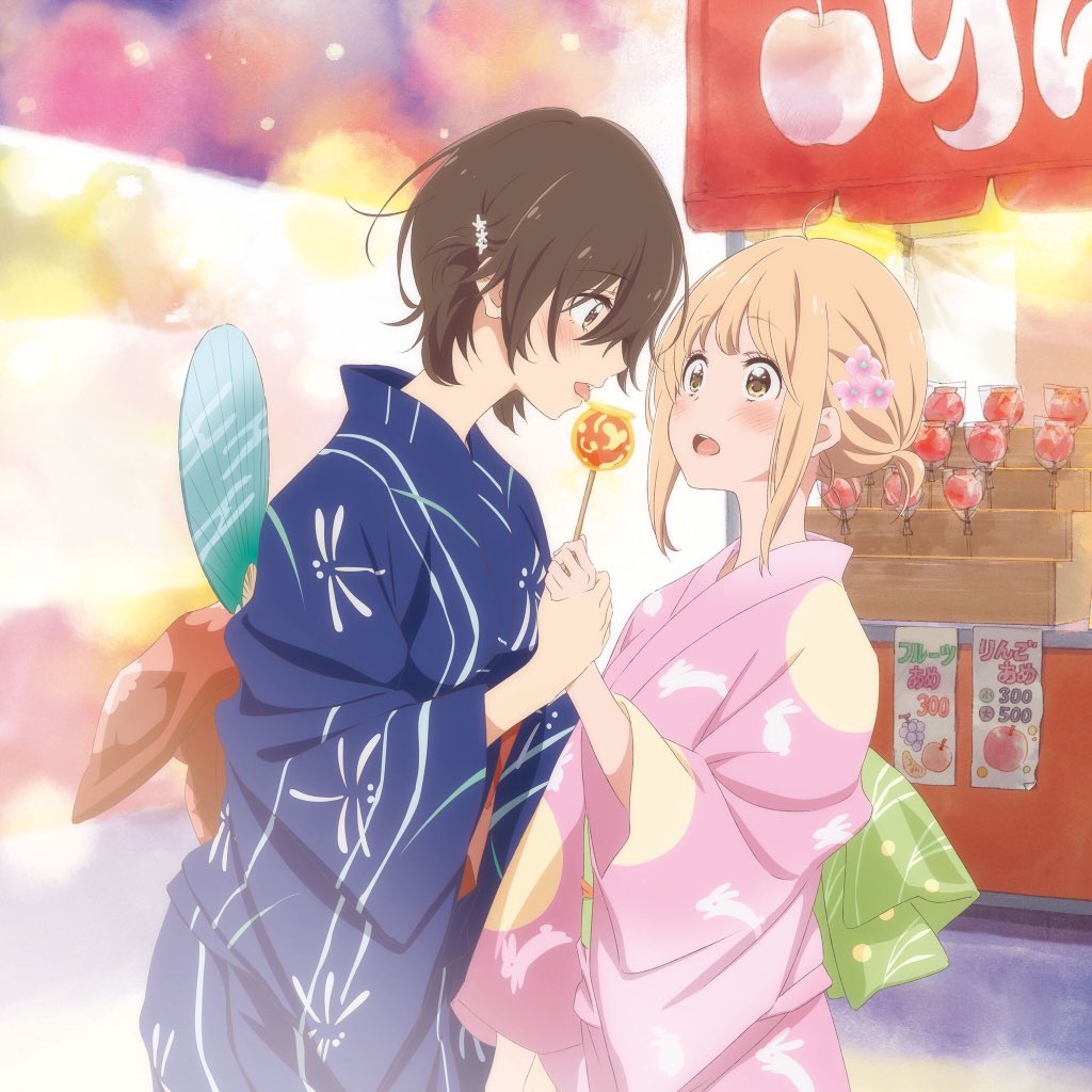 2girls :o alternate_hairstyle asagao_to_kase-san blonde_hair blue_kimono blush brown_hair candy_apple dragonfly_print fan flower food hair_flower hair_ornament hairclip hand_grab hand_holding japanese_clothes kase_tomoka kimono looking_at_another low_ponytail moon_rabbit multiple_girls official_art open_mouth pink_kimono short_hair sidelocks surprised tongue tongue_out yamada_yui yellow_eyes yukata yuri