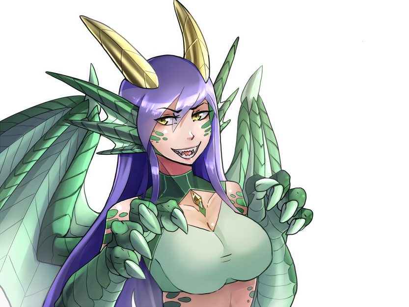 1girl :d animal_ears breasts claws cleavage dragon_(monster_girl_encyclopedia) dragon_girl dragon_horns dragon_wings eyes_visible_through_hair fangs hair_between_eyes head_fins horns jewelry large_breasts long_hair monster_girl monster_girl_encyclopedia necklace open_mouth purple_hair scales sharp_teeth simple_background smile solo soup-plz teeth upper_body white_background wings yellow_eyes