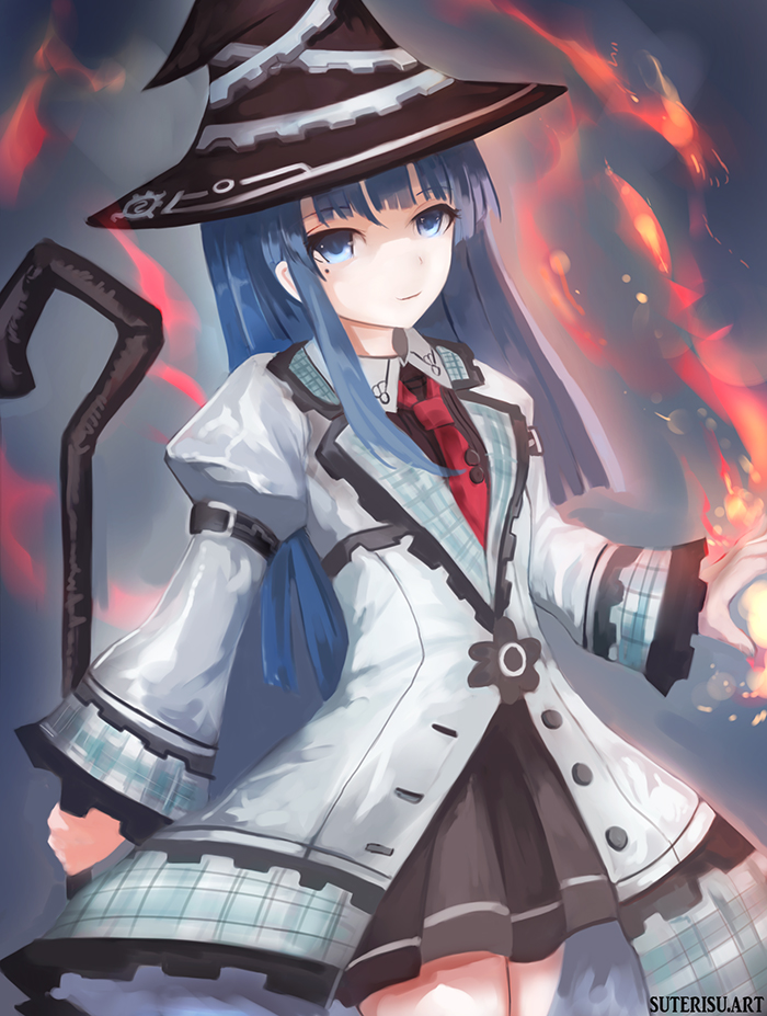 1girl blue_eyes blue_hair eyebrows_visible_through_hair hat holding holding_staff long_hair looking_at_viewer mages. mole mole_under_eye necktie neptune_(series) solo staff suterisu witch_hat