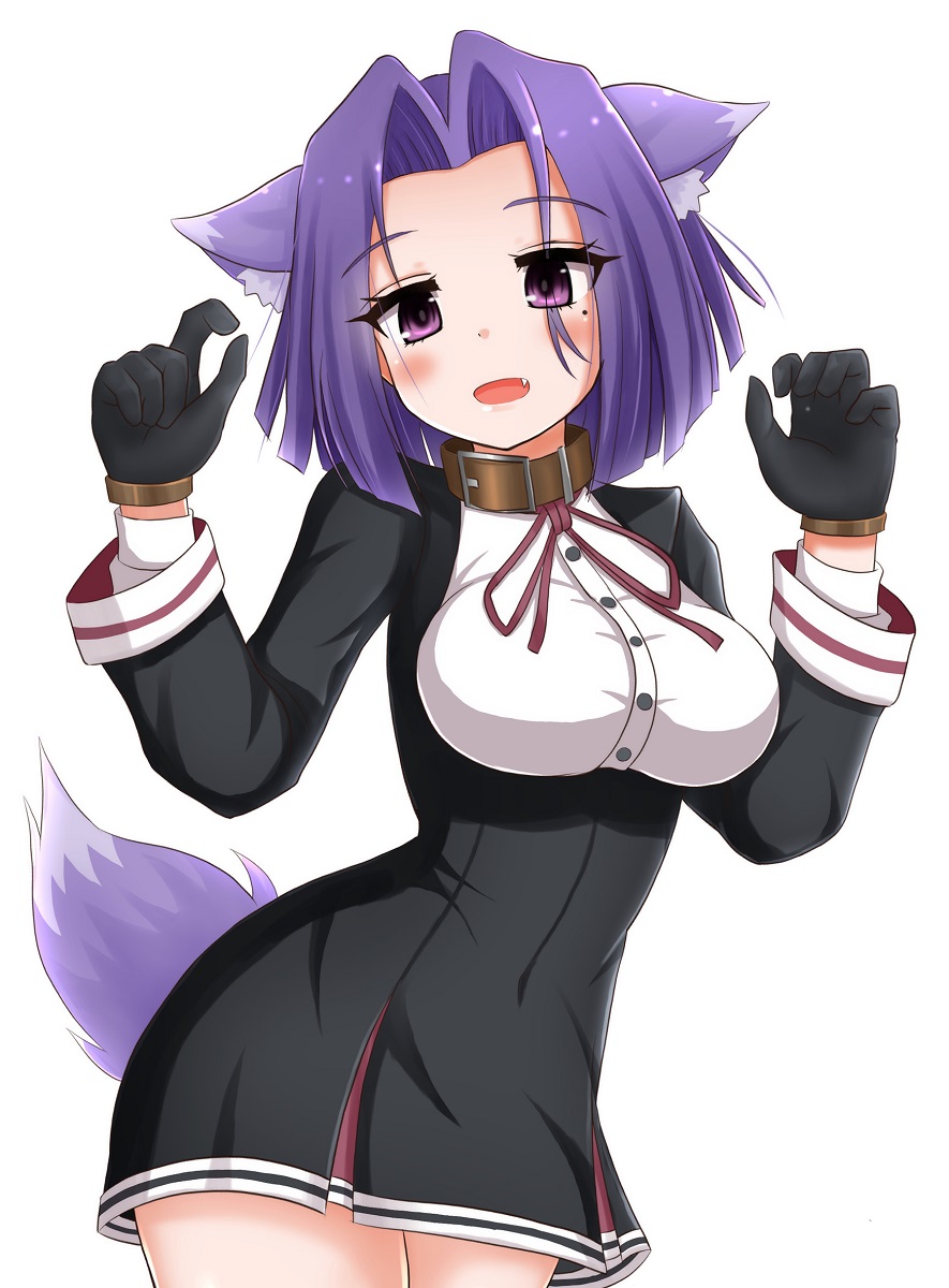 1girl animal_ears black_gloves blush breasts collar dog_ears dog_tail eyebrows_visible_through_hair fang frozenpile gloves highres kantai_collection large_breasts long_sleeves looking_at_viewer mole mole_under_eye open_mouth purple_hair smile solo tail tatsuta_(kantai_collection) violet_eyes