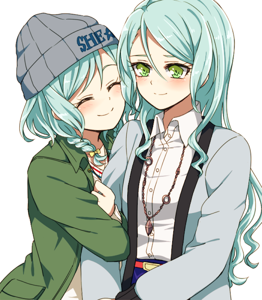 2girls ^_^ akasata aqua_hair arm_hug bang_dream! beanie blue_jacket blush bow closed_eyes collared_shirt green_eyes green_jacket grey_hat hair_between_eyes hair_bow hat headwear_writing hikawa_hina hikawa_sayo jacket jewelry long_hair long_sleeves multiple_girls pendant shirt short_hair siblings side_braids simple_background sisters smile twins upper_body white_background white_shirt yellow_bow