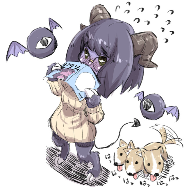 1girl afterimage animal bangs blush cerberus commentary_request covered_mouth curled_horns demon_girl demon_horns demon_tail dog eyeball eyebrows_visible_through_hair flying_sweatdrops fur glasses green_eyes holding hooves horns long_sleeves monster monster_girl nose_blush original purple_hair purple_wings ribbed_sweater round_eyewear solo standing sweater tail tail_wagging tongue tongue_out u-non_(annon'an) wings