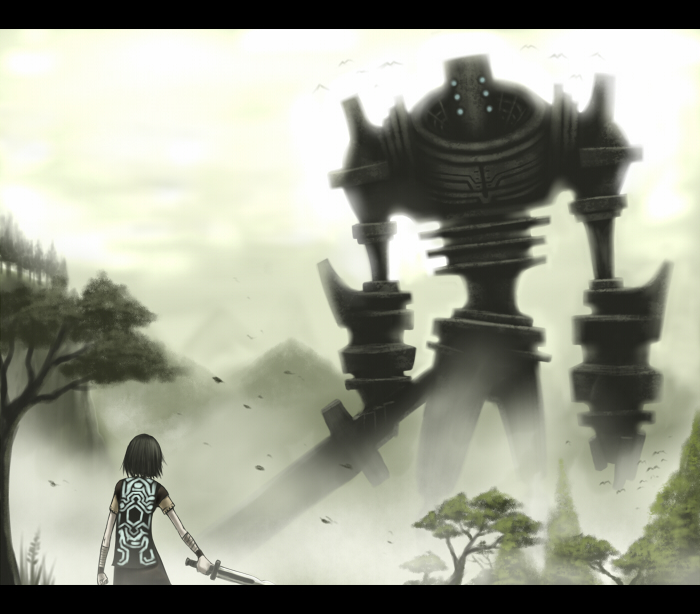 1boy black_hair commentary_request day facing_away from_behind gia giant holding holding_sword holding_weapon letterboxed outdoors shadow_of_the_colossus shirt solo standing sword tree wander weapon
