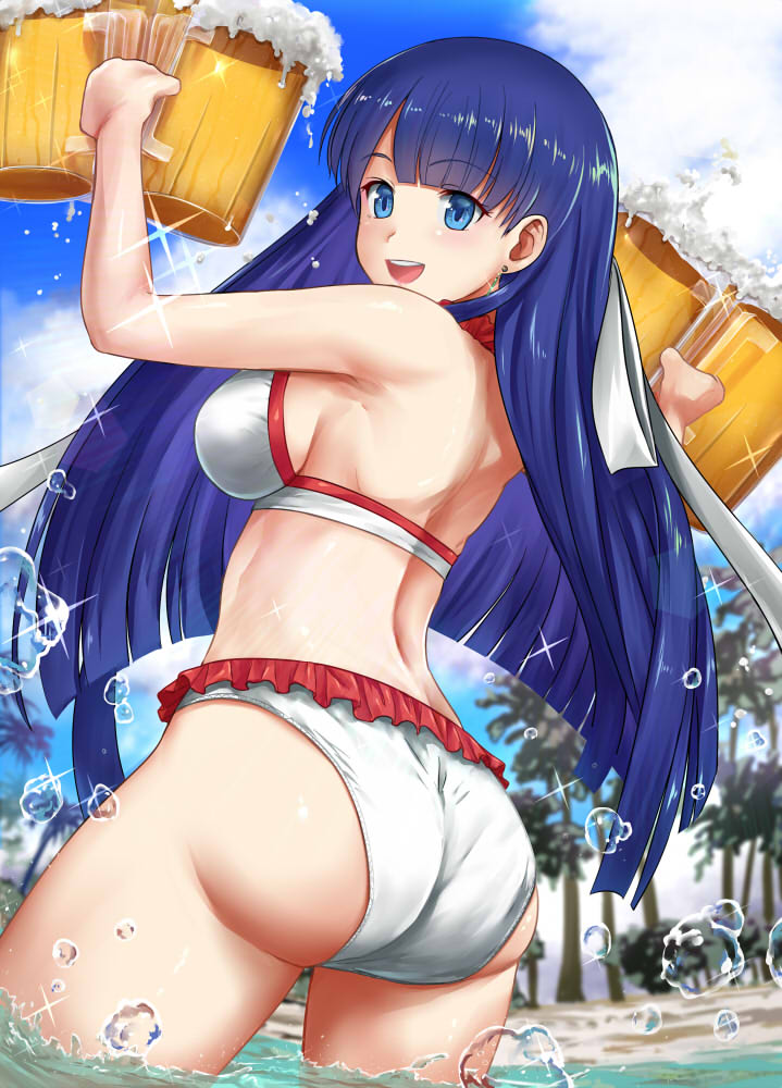 bangs bikini blue_eyes blunt_bangs breasts earrings fate/grand_order fate_(series) frilled_bikini frills hime_cut jewelry large_breasts open_mouth purple_hair saint_martha saint_martha_(swimsuit_ruler)_(fate) sideboob solo straight_hair swimsuit tsuyadashi_shuuji