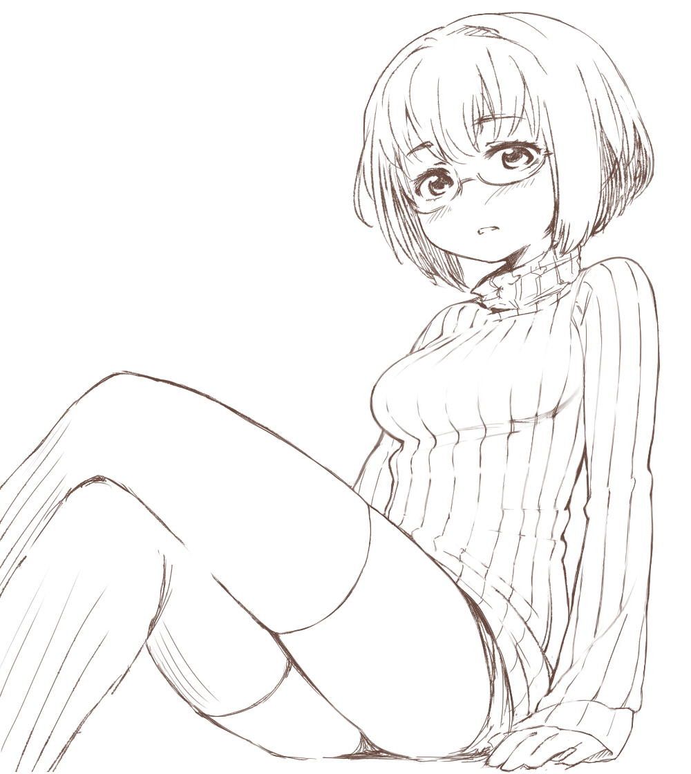 1girl breasts eyebrows_visible_through_hair glasses legs_crossed long_sleeves looking_at_viewer medium_breasts moru_(monaka) original parted_lips ribbed_sweater short_hair short_shorts shorts simple_background sitting sketch solo sweater thick_eyebrows thigh-highs turtleneck turtleneck_sweater white_background