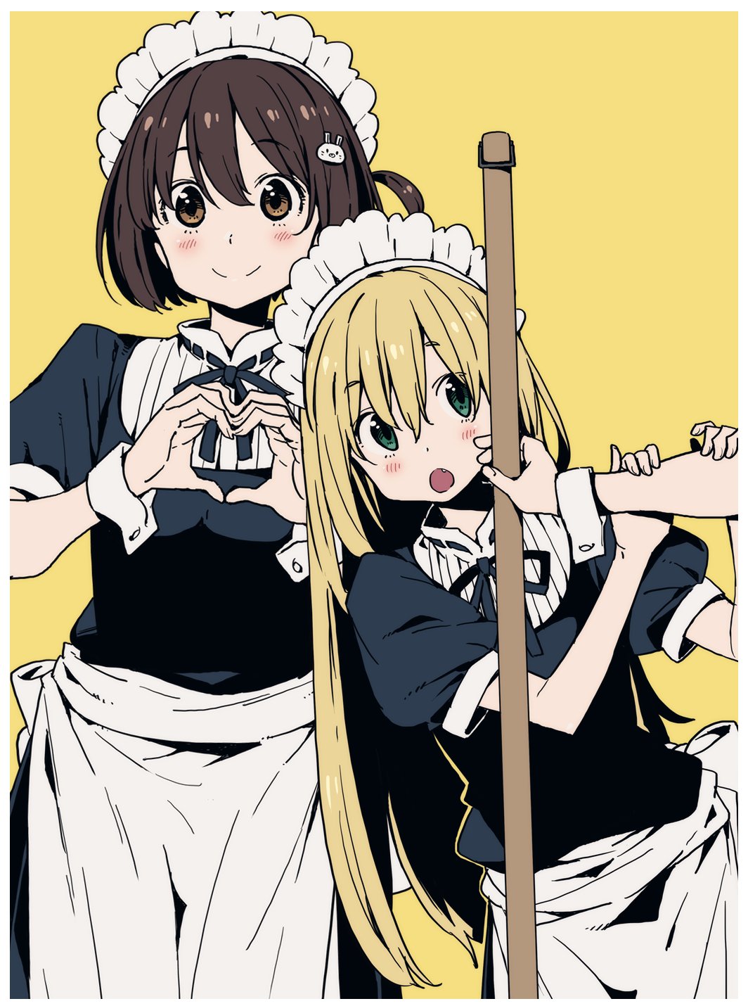 2girls :o alternate_costume apron black_dress black_neckwear black_ribbon blonde_hair blush broom brown_eyes brown_hair bunny_hair_ornament closed_mouth colette_(kono_bijutsubu_niwa_mondai_ga_aru!) commentary_request dress enmaided eyebrows_visible_through_hair fang green_eyes hair_ornament happy heart heart_hands highres imigimuru kono_bijutsubu_niwa_mondai_ga_aru! leaning_to_the_side long_hair looking_at_viewer maid maid_apron maid_headdress multiple_girls neck_ribbon one_side_up out_of_frame puffy_short_sleeves puffy_sleeves ribbon short_hair short_sleeves simple_background smile usami_mizuki waist_apron white_apron wrist_cuffs yellow_background