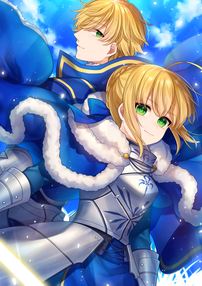 1boy 1girl ahoge armor armored_dress arthur_pendragon_(fate) artoria_pendragon_(all) bangs blonde_hair blue_bow blue_cloak blue_dress blue_sky blush bow braid breastplate breasts closed_mouth clouds cloudy_sky commentary_request day dress eyebrows_visible_through_hair fate/stay_night fate_(series) fur-trimmed_cloak fur_trim gauntlets green_eyes hair_between_eyes hair_bow hair_bun karokuchitose long_sleeves medium_breasts outdoors saber sidelocks sky smile