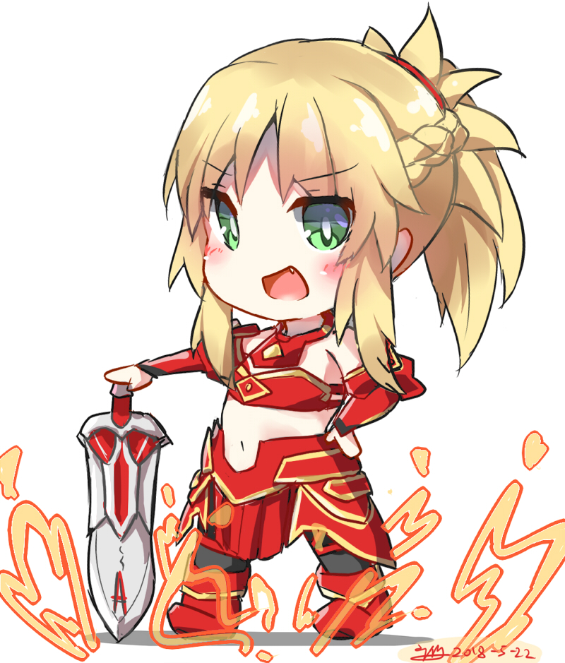 1girl :d armor bangs bare_shoulders black_legwear blonde_hair blush boots braid breastplate chibi commentary_request dated dreamusun eyebrows_visible_through_hair fang fate/apocrypha fate/grand_order fate_(series) fire green_eyes hand_on_hilt hand_on_hip long_hair mordred_(fate) mordred_(fate)_(all) navel open_mouth ponytail red_armor red_footwear sidelocks signature smile solo standing sword thigh-highs weapon white_background