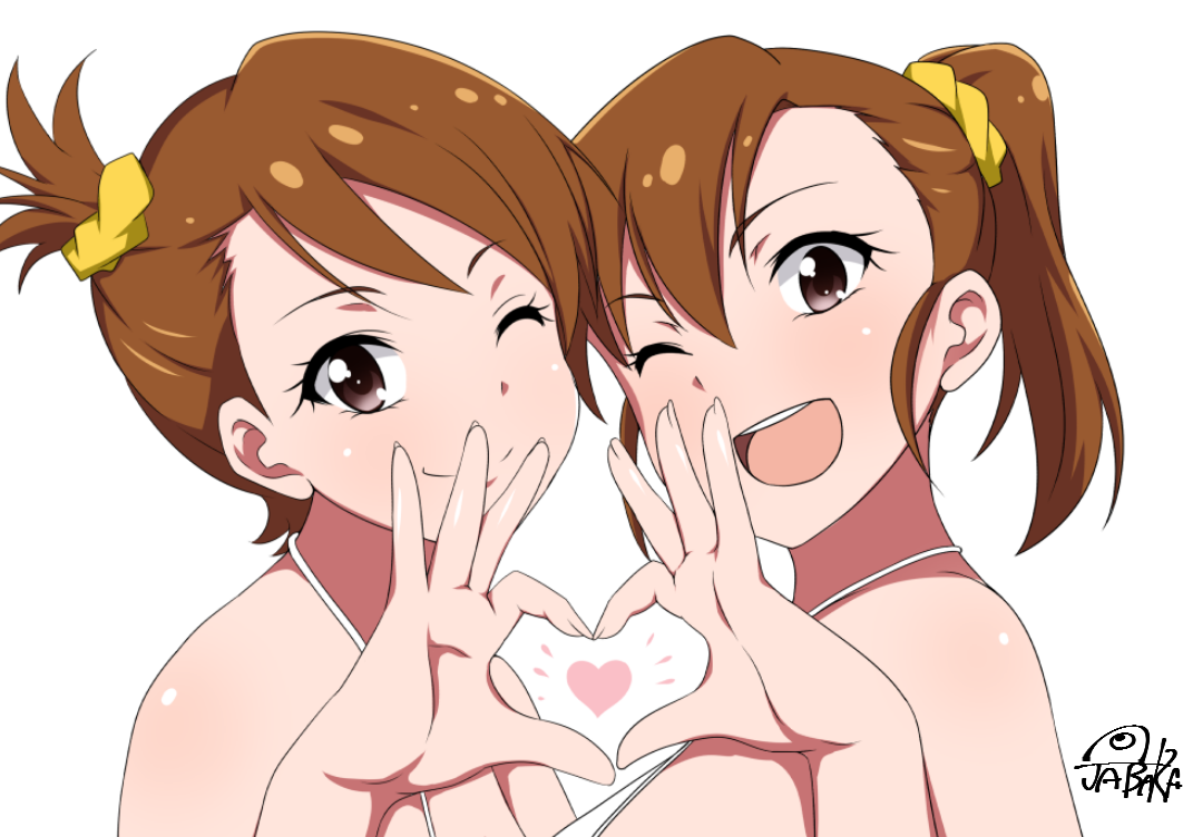 2girls ;) ;d brown_eyes brown_hair commentary_request futami_ami futami_mami heart heart_hands heart_hands_duo idolmaster idolmaster_(classic) jabara_tornado looking_at_viewer multiple_girls one_eye_closed open_mouth short_hair short_ponytail siblings side_ponytail signature simple_background sisters smile twins upper_body white_background