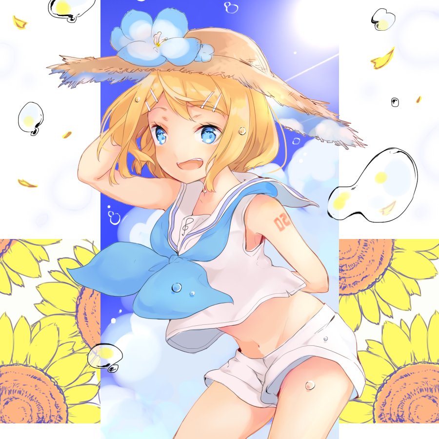 1girl :d alternate_color arched_back arm_behind_back arm_tattoo armpits ascot blonde_hair blue_eyes blue_flower blue_neckwear bubble crop_top flower hair_ornament hairclip hand_behind_head hand_on_own_head hand_on_own_headwear hat hibiscus holding holding_hat kagamine_rin leaning_forward lens_flare looking_at_viewer loose_clothes midriff navel number_tattoo open_mouth oyamada_(pi0v0jg) sailor_collar shirt short_hair shorts sleeveless sleeveless_shirt smile solo straw_hat summer sun sun_hat sunflower tattoo treble_clef vocaloid water_drop