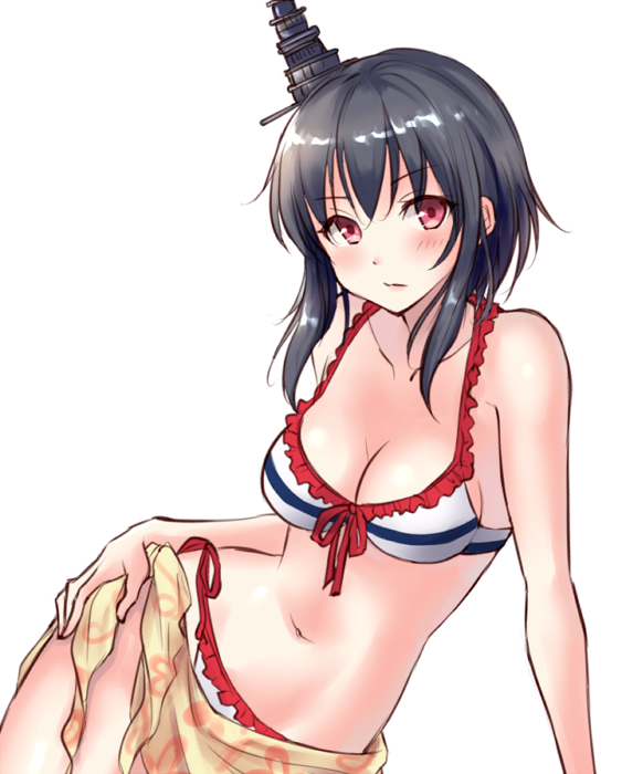 1girl bikini black_hair frilled_bikini frills front-tie_top hair_ornament kantai_collection looking_at_viewer multicolored multicolored_bikini multicolored_clothes red_eyes sarong short_hair side-tie_bikini simple_background sitting solo swimsuit u0709 white_background yamashiro_(kantai_collection) yokozuwari