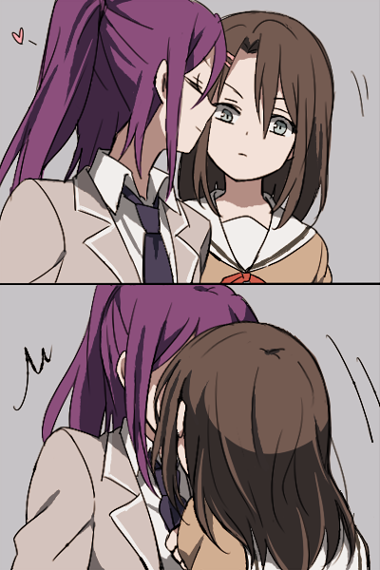 /\/\/\ 2girls 2koma akasata bang_dream! blazer brown_hair closed_eyes comic grey_eyes grey_jacket hanasakigawa_school_uniform haneoka_school_uniform heart jacket kiss medium_hair multiple_girls navy_blue_neckwear necktie okusawa_misaki ponytail purple_hair school_uniform serafuku seta_kaoru sidelocks silent_comic yuri