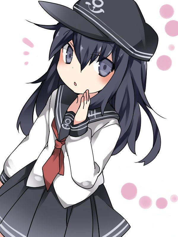 1girl akatsuki_(kantai_collection) black_hair commentary_request grey_eyes hammer_(sunset_beach) hat kantai_collection long_hair looking_at_viewer neckerchief open_mouth school_uniform serafuku skirt solo