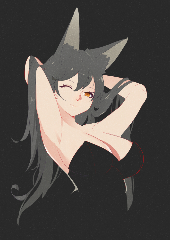 1girl adjusting_hair animal_ears armpits arms_behind_head atago_(azur_lane) azur_lane bangs bare_shoulders black_background black_dress black_hair breasts cleavage dress fox_ears large_breasts long_hair looking_at_viewer one_eye_closed orange_eyes shito_zhizhen strapless very_long_hair