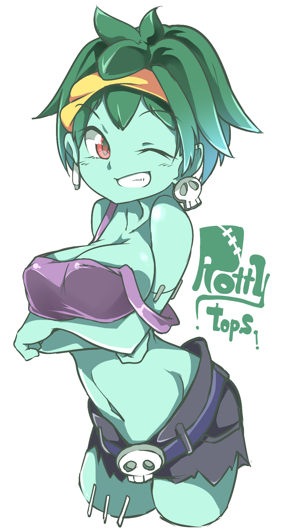1girl ;) arched_back bare_shoulders belt breast_hold breasts character_name cleavage collarbone crop_top cropped_legs crossed_arms earrings eyebrows_visible_through_hair gokuu_(acoloredpencil) green_hair green_skin grin hairband highres jewelry looking_at_viewer medium_breasts midriff navel one_eye_closed red_eyes rottytops shantae_(series) short_hair shorts simple_background skull_earrings smile solo stitches stomach strap_slip tank_top white_background wink yellow_hairband zombie