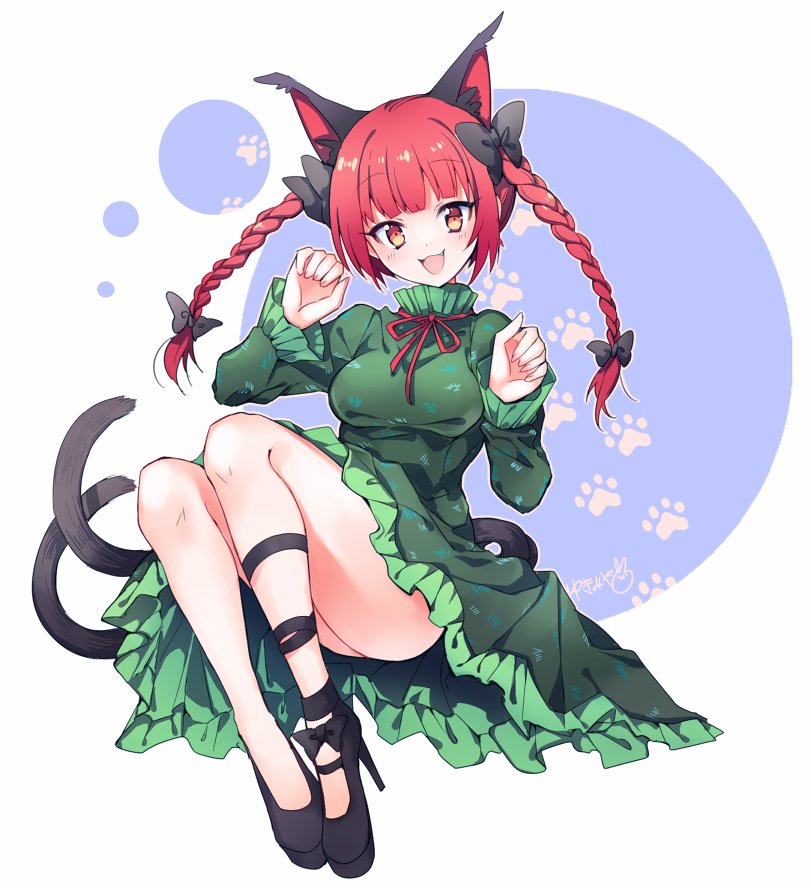 1girl :d animal_ears black_bow black_footwear black_ribbon bow braid cat_ears cat_tail commentary_request dress fang frilled_dress frills green_dress hair_bow kaenbyou_rin leg_ribbon looking_at_viewer multiple_tails open_mouth paw_print red_eyes redhead ribbon shoe_bow shoes short_hair simple_background smile solo tagme tail touhou yukimiya_(parupunta)