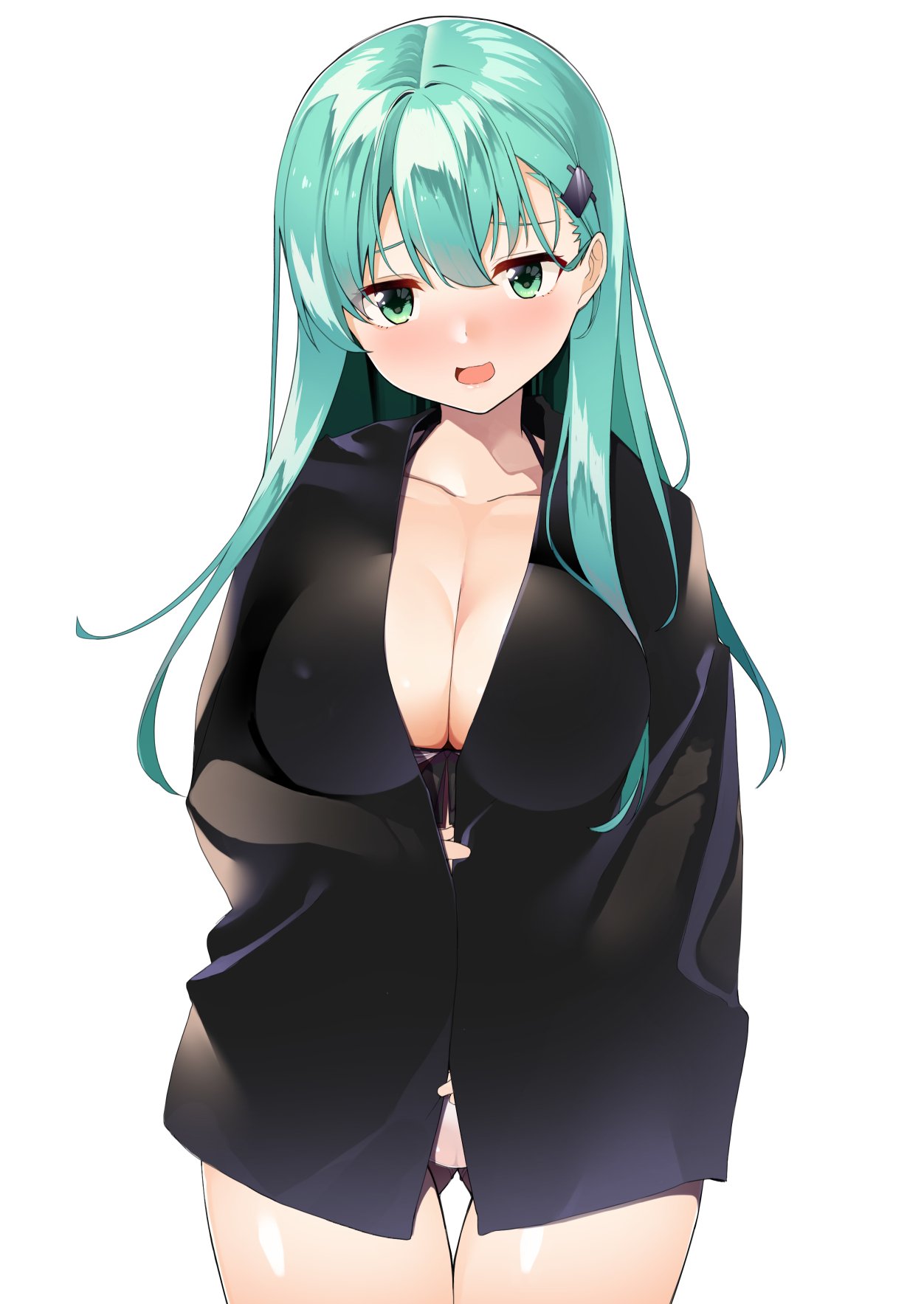 1girl aqua_eyes aqua_hair bikini bikini_under_clothes blush breasts byte_(allbyte) cleavage collarbone hair_ornament highres jacket kantai_collection large_breasts long_hair looking_at_viewer open_mouth smile solo suzuya_(kantai_collection) swimsuit white_bikini