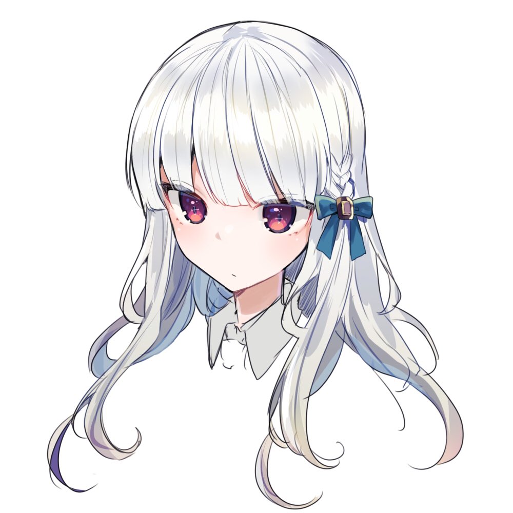1girl blue_ribbon blush braid closed_mouth collared_shirt commentary_request copyright_request grey_shirt hair_ribbon ikeuchi_tanuma long_hair portrait red_eyes ribbon shirt silver_hair simple_background solo white_background wing_collar