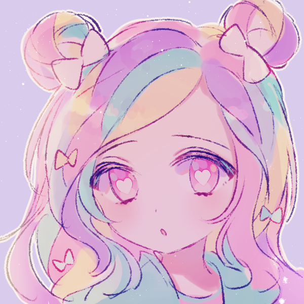 1girl blonde_hair blue_bow blue_hair bow double_bun hair_bow heart heart-shaped_pupils looking_at_viewer multicolored_hair original parted_lips pink_eyes portrait poyo_(shwjdddms249) purple_background purple_hair side_bun simple_background solo symbol-shaped_pupils white_bow yellow_bow